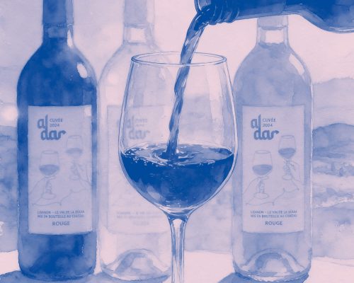 Eine Aquarellzeichnung zeigt AlDar Wein aus dem Libanon. Weißwein, Rosewein und Rotwein, Cuvee von 2024 wird in ein Rotweinglas geschenkt.