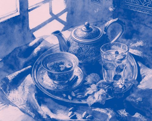 Eine Aquarellzeichnung zeigt Tee in einem Glas und eine Teekanne. Frischer Minzetee.