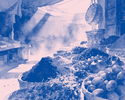 Eine Aquarellzeichnung zeigt eine Gasse auf einem Markt, in den Körben finden sich Gewürte, Oliven, Granatäpfel und Kräuter. Die Sonne scheint durch Stoffdächer der Marktstände.