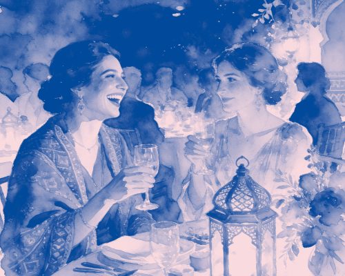 Eine Aquarellzeichnung zeigt zwei Frauen auf einer Feier, sie sitzen an einem Gedeckten Tisch, Die Gläser zum Prost gehoben. Beide Lächeln und lachen.