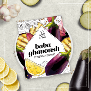 AlDar Mazza Baba Ghanoush. Brotaufstrich auf einem Tisch mit Auberginen.
